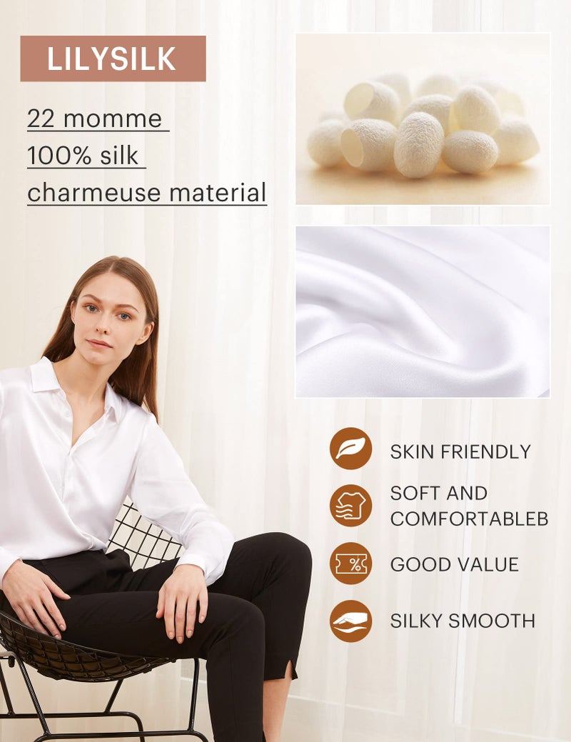 LilySilk بلوزة حرير نسائية من ليلي سيلك 100% حرير 22MM قميص بأزرار بأكمام طويلة تصميم كلاسيكي خالد لجميع المواسم للأعمال غير الرسمية، أبيض طبيعي M - Image 4